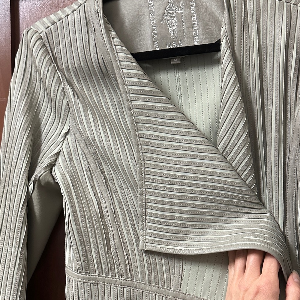 My Tribe Light Gray Draped Leather Jacket - Picture 9 of 16